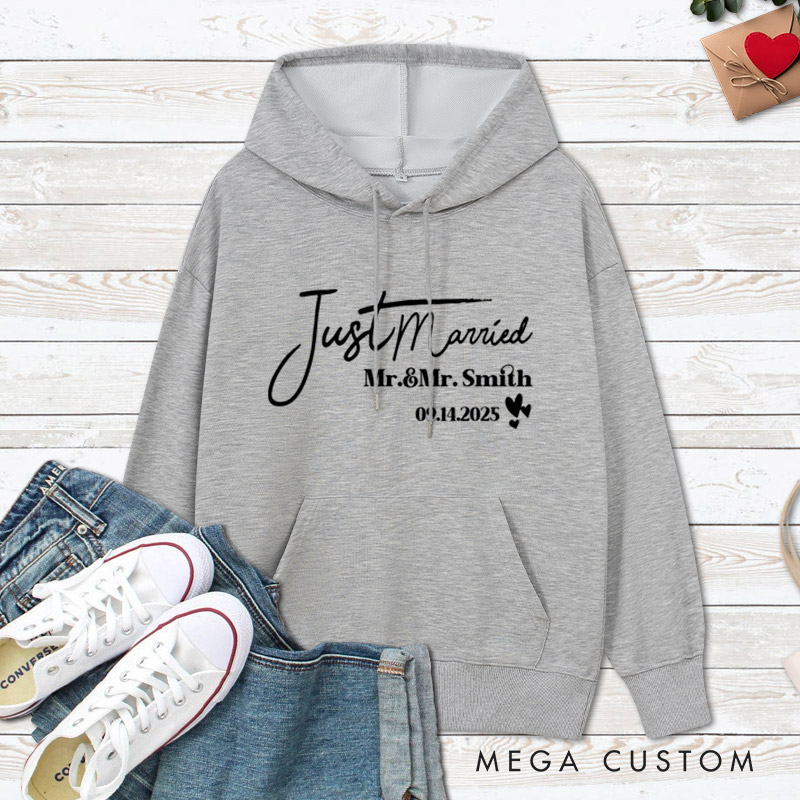 Personalized Elegant Just Married Mr and Mrs with Hearts Wedding Couple Hoodie