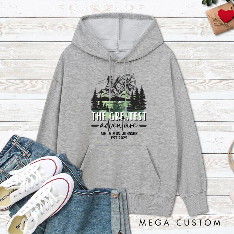 Personalized The Greatest Adventure Mr and Mrs Wedding Couple Hoodie