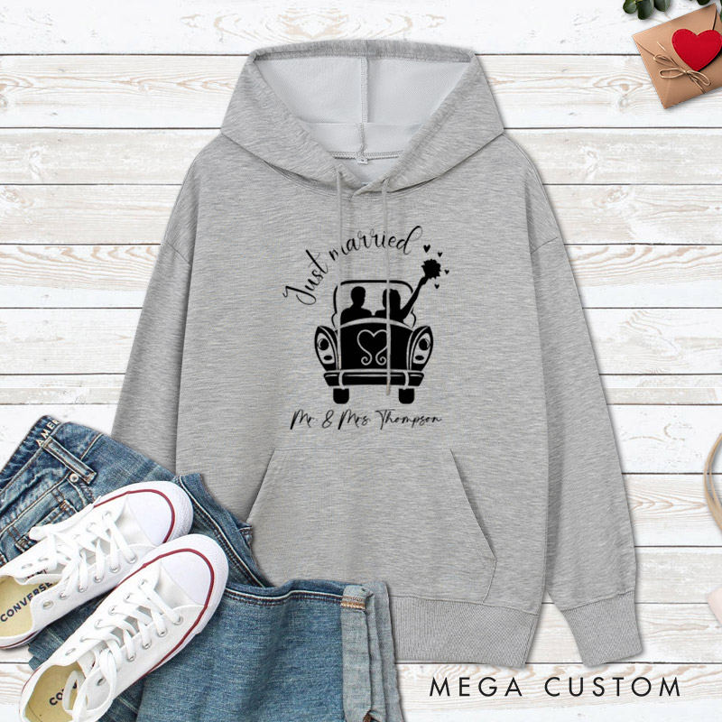 Personalized Romantic Just Married with Wedding Car Wedding Couple Hoodie