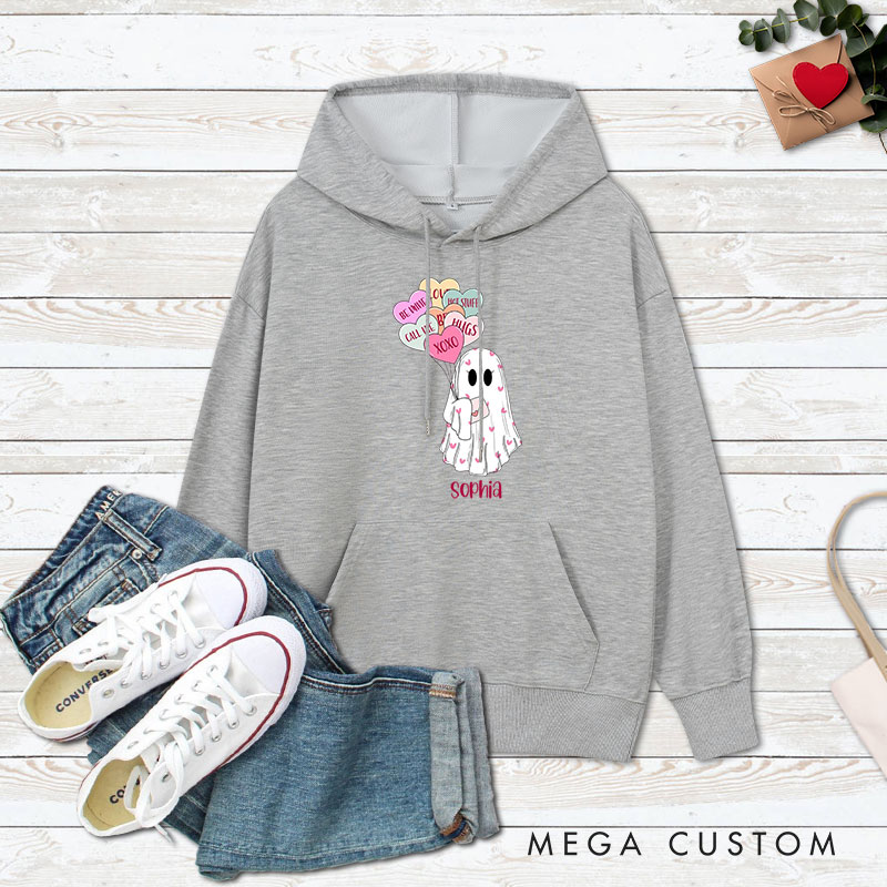Personalized Couple Ghost Holding Heart Balloons Valentine's Day Hoodie with Name Couple Sweatshirt for Boyfriend Girlfriend Hubby Wifey Husband Wife