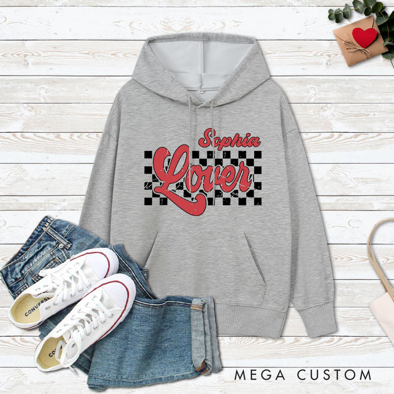 Personalized Couple Retro Checkerboard Lover Valentine's Day Hoodie with Name Couple Sweatshirt for Boyfriend Girlfriend Hubby Wifey Husband Wife