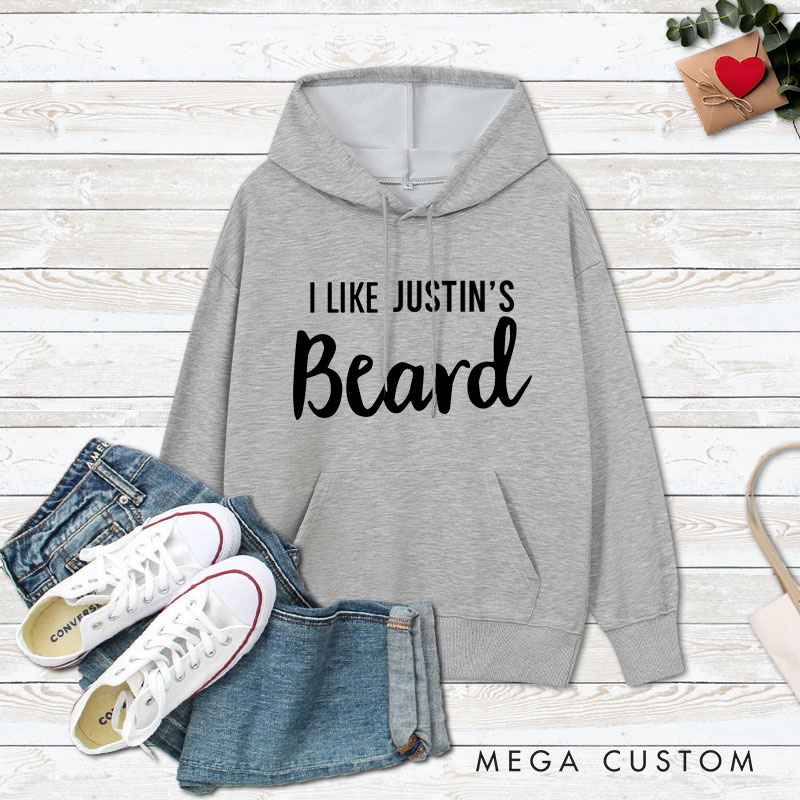 Personalized Couple I Like Her Butt and I Like His Beard Valentine's Day Hoodie with Name Couple Sweatshirt for Boyfriend Girlfriend Husband Wife