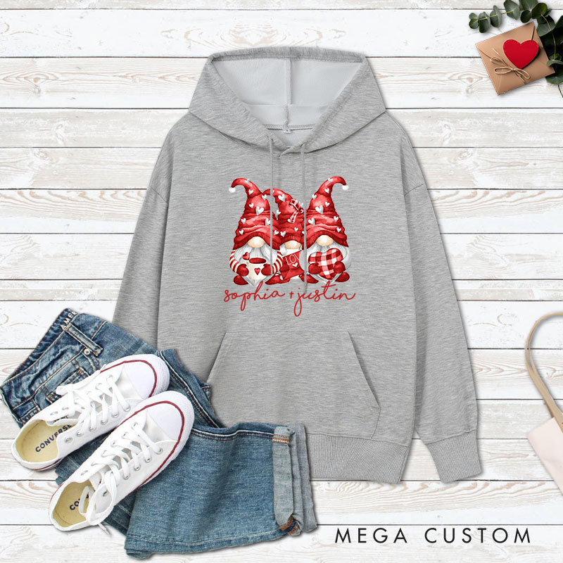 Personalized Couple Three Heart Gnome Valentine's Day Hoodie with Name Couple Sweatshirt for Boyfriend Girlfriend Husband Wife Hubby Wifey