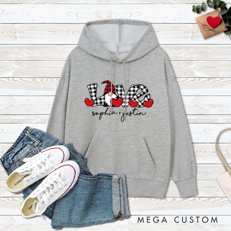 Personalized Couple Plaid LOVE Gnome Valentine's Day Hoodie with Name Couple Sweatshirt for Boyfriend Girlfriend Husband Wife