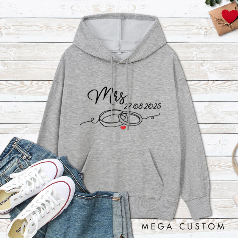 Personalized Elegant Mr and Mrs with Wedding Rings Matching Wedding Couple Hoodie