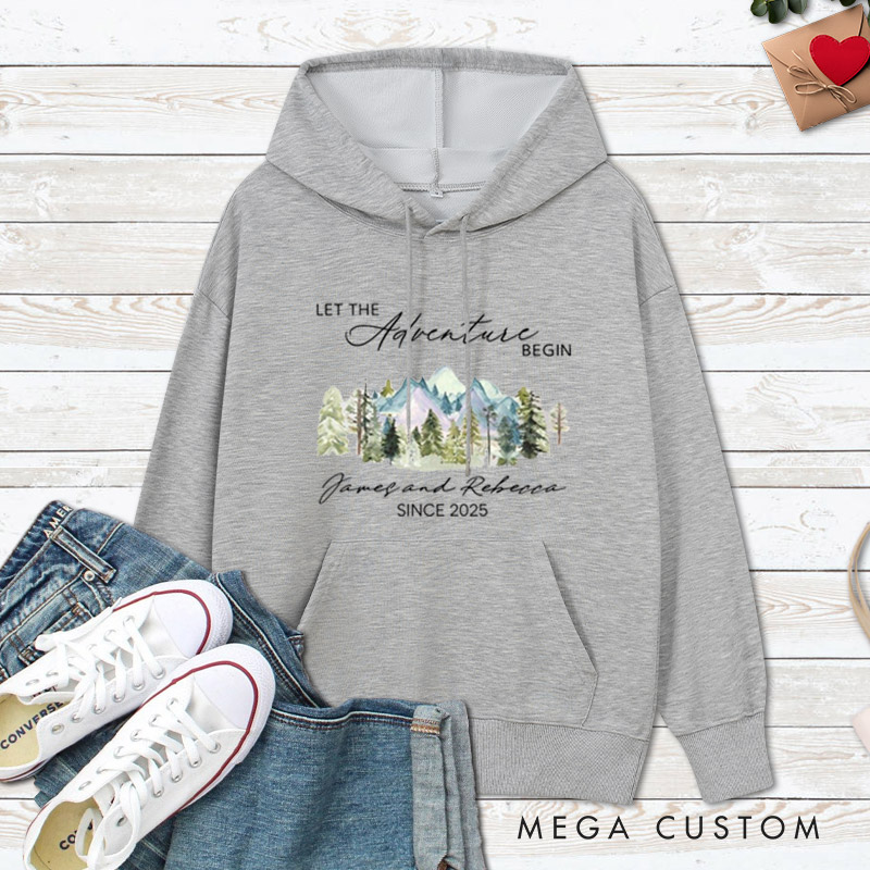 Personalized Mountain Scenic Let the Adventure Begin Newlyweds Wedding Couple Hoodie