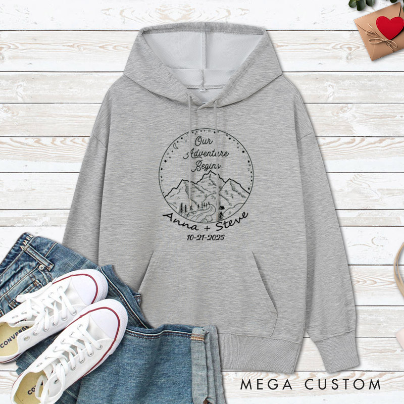 Personalized Rustic Mountain Our Adventure Begins Newlyweds Wedding Couple Hoodie