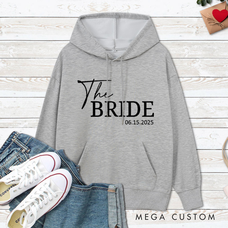 Personalized Minimalist The Bride and The Groom with Date Matching Wedding Couple Hoodie