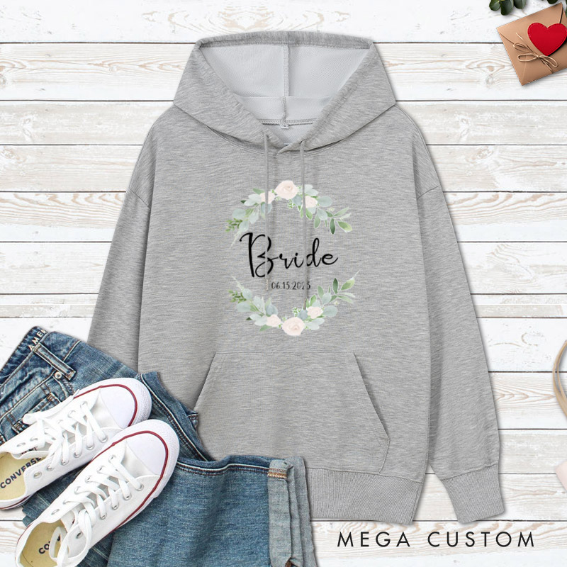 Personalized Elegant Floral Wreath Bride and Groom Matching Wedding Couple Hoodie