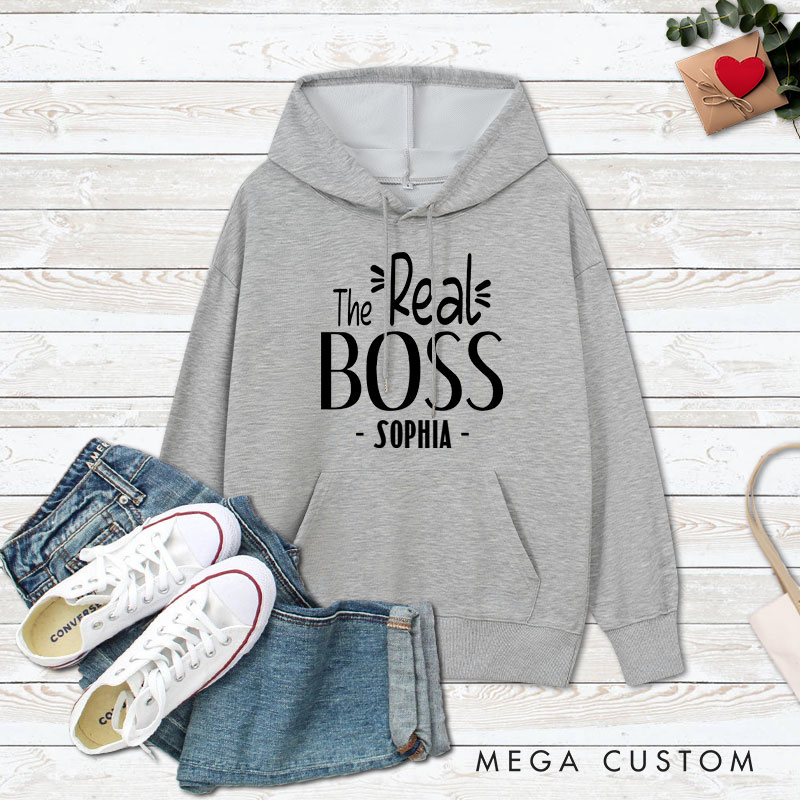 Personalized Couple The Boss and The Real Boss Valentine's Day Hoodie with Name Couple Sweatshirt for Boyfriend Girlfriend Husband Wife
