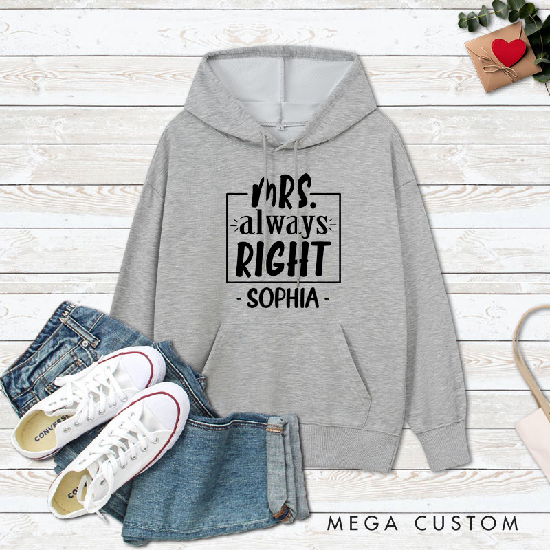 Personalized Couple Mr. Right and Mrs. Always Right Valentine's Day Hoodie with Name Couple Sweatshirt for Boyfriend Girlfriend Husband Wife