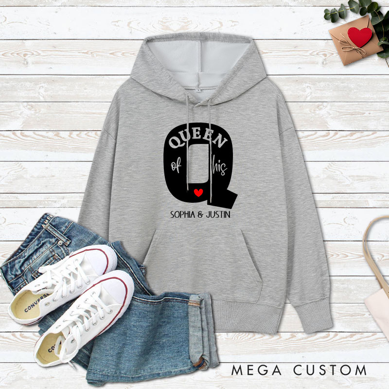 Personalized Couple King of Her Heart and Queen of His Heart Valentine's Day Hoodie with Name Couple Sweatshirt for Boyfriend Girlfriend Husband Wife