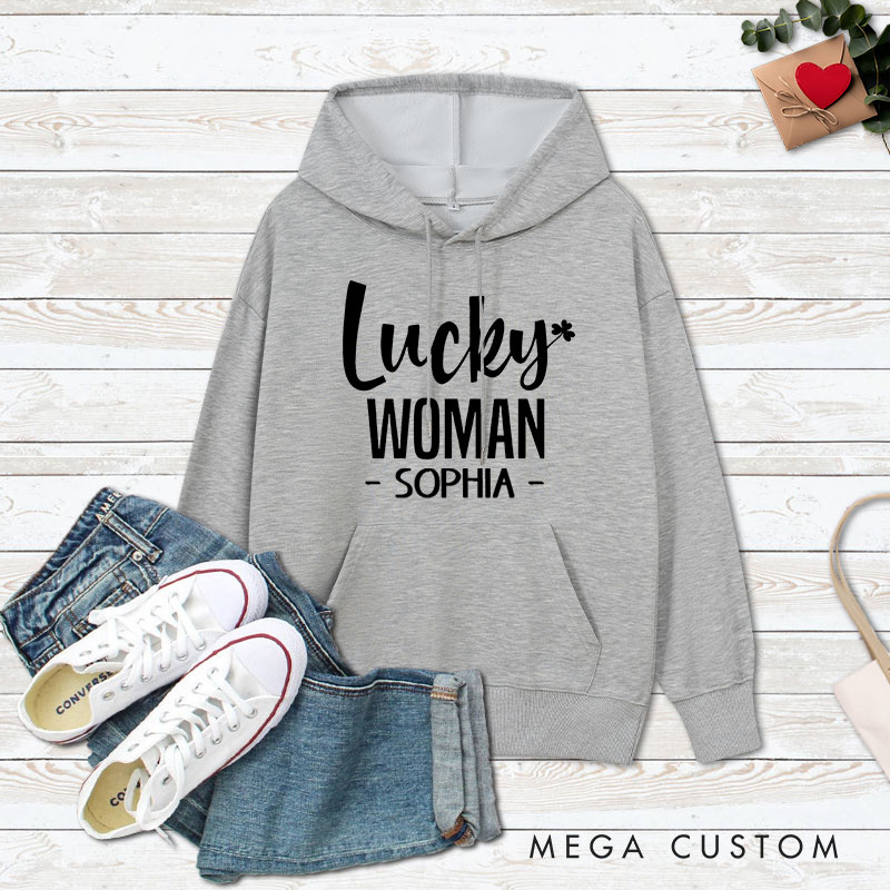 Personalized Couple Lucky Man and Lucky Woman Valentine's Day Hoodie with Name Couple Sweatshirt for Boyfriend Girlfriend Husband Wife