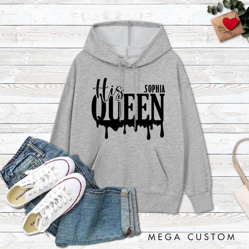 Personalized Couple Minimalist Her King and His Queen Valentine's Day Hoodie with Name Couple Sweatshirt for Boyfriend Girlfriend Husband Wife
