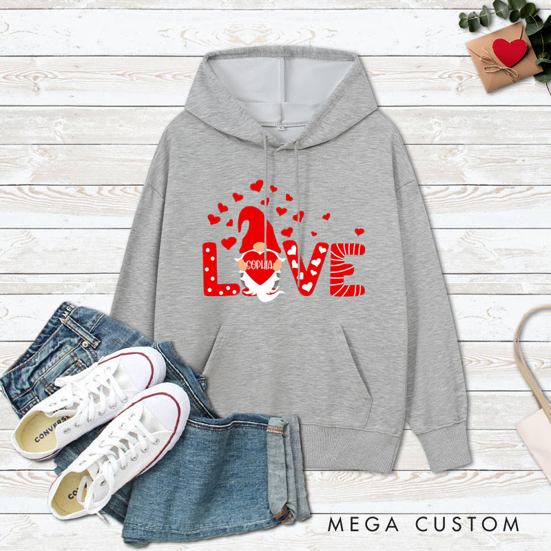 Personalized Couple Red Gnome with Heart Valentine's Day Hoodie with Name Couple Sweatshirt for Boyfriend Girlfriend Husband Wife