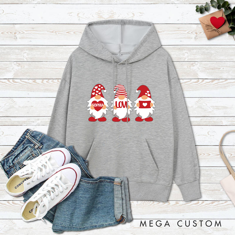 Personalized Red Gnome Couple Holding Hearts Hoodie Couple Valentine's Day Sweatshirt for Boyfriend Girlfriend Husband Wife
