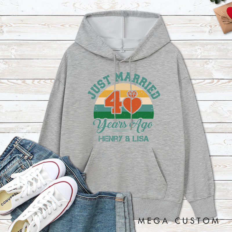 Personalized Just Married 40 Years Ago Retro Hoodie Couple Wedding Anniversary Outfit for Her Him Anniversary Hoodie for Wife Husband
