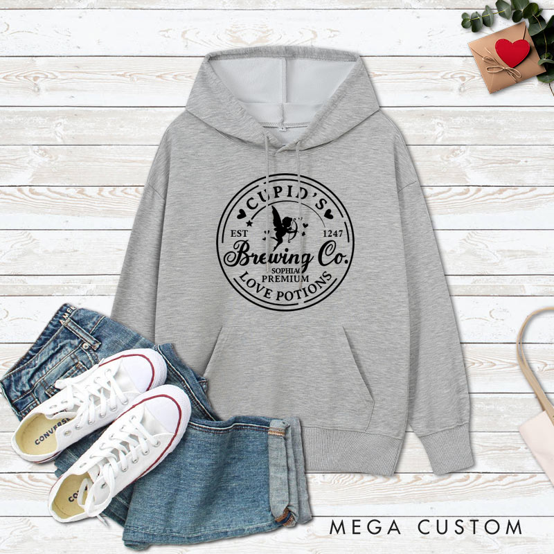 Personalized Couple Cupid's Brewing Co. Hoodie with Name Couple Valentine's Day Sweatshirt for Boyfriend Girlfriend Husband Wife
