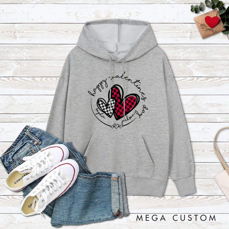 Personalized Couple Plaid Heart Happy Valentine's Day Hoodie with Name Couple Sweatshirt for Boyfriend Girlfriend Husband Wife