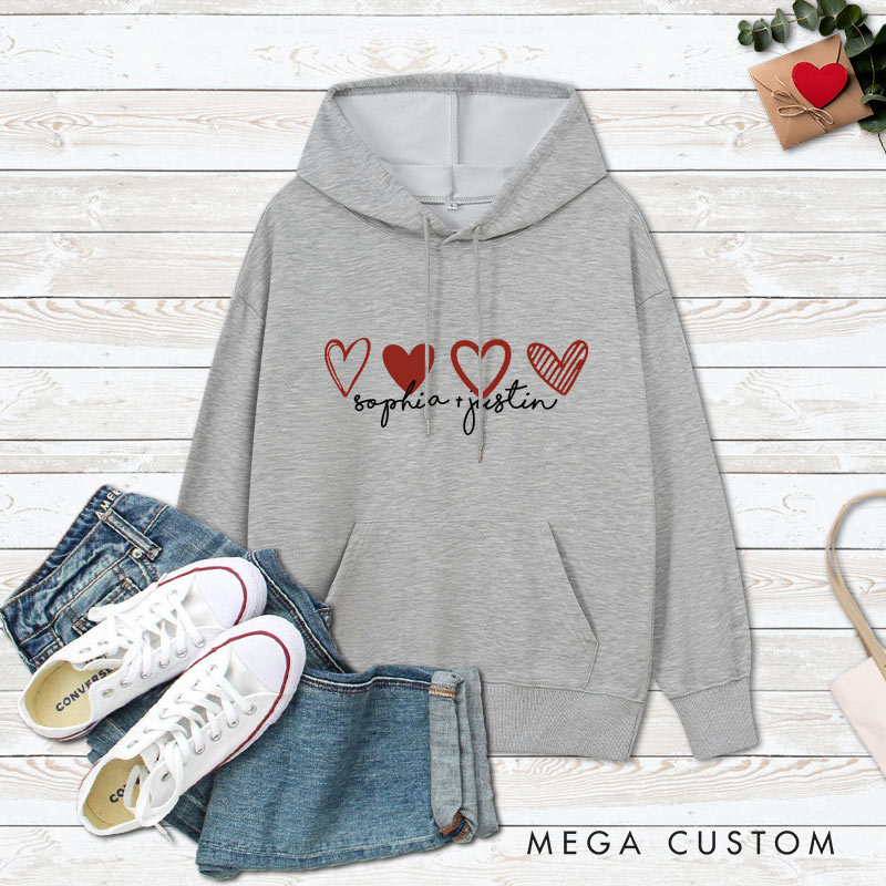 Personalized Couple 4 Red Hearts Valentine's Day Hoodie with Name Couple Sweatshirt for Boyfriend Girlfriend Husband Wife