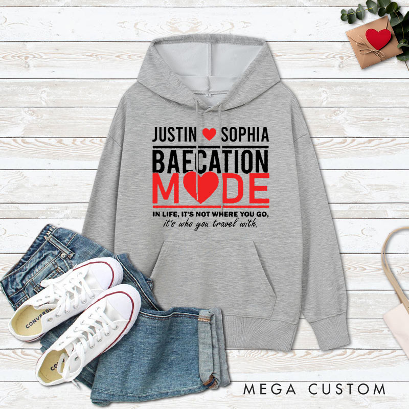 Personalized Couple Baecation Mode with Heart Hoodie Couple Valentine's Day Sweatshirt for Boyfriend Girlfriend Husband Wife