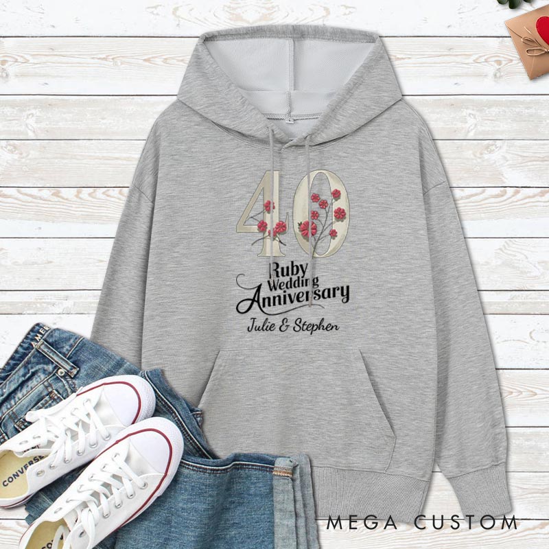Personalized 40 Ruby Wedding Anniversary Floral Hoodie Husband Wife 40th Anniversary Outfit for Her Him Couple Ruby Wedding Anniversary Hoodie