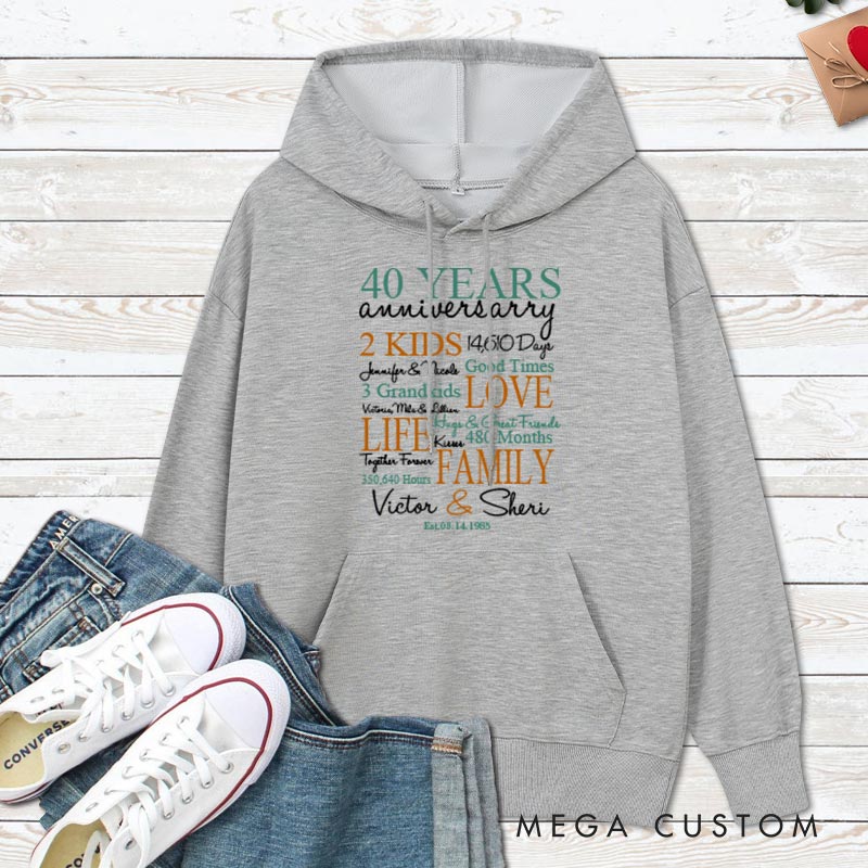 Personalized 40 Years Anniversary Life & Family Celebration Hoodie Husband Wife 40th Anniversary Outfit with Family Name for Her Him