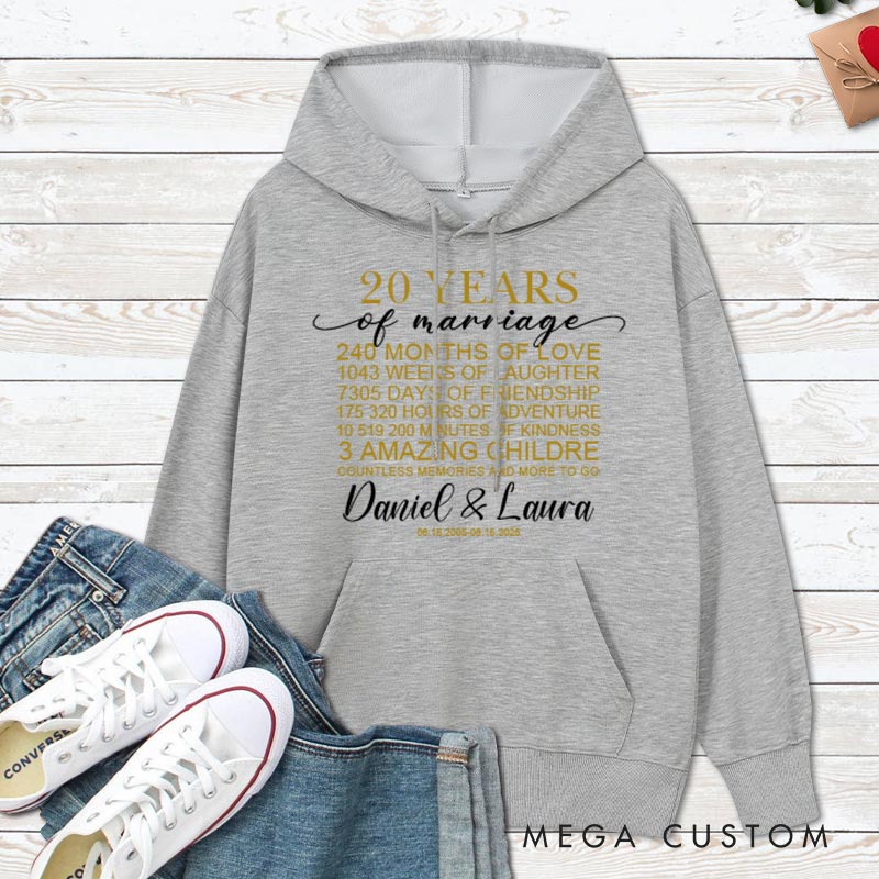 Personalized 20 Years of Marriage Milestone Hoodie 20th Anniversary Outfit for Husband Wife Couple Anniversary Marriage Milestone Hoodie