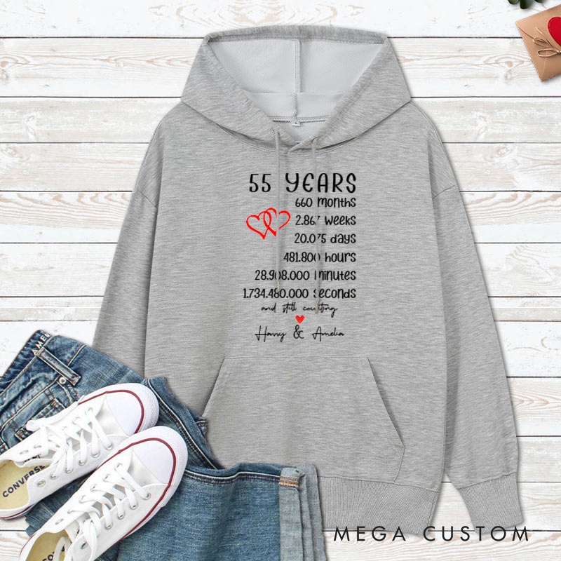 Personalized 55 Years of Love Anniversary Hoodie Couple 55th Anniversary Marriage Milestone Hoodie Wife Husband Wedding Milestone Outfit