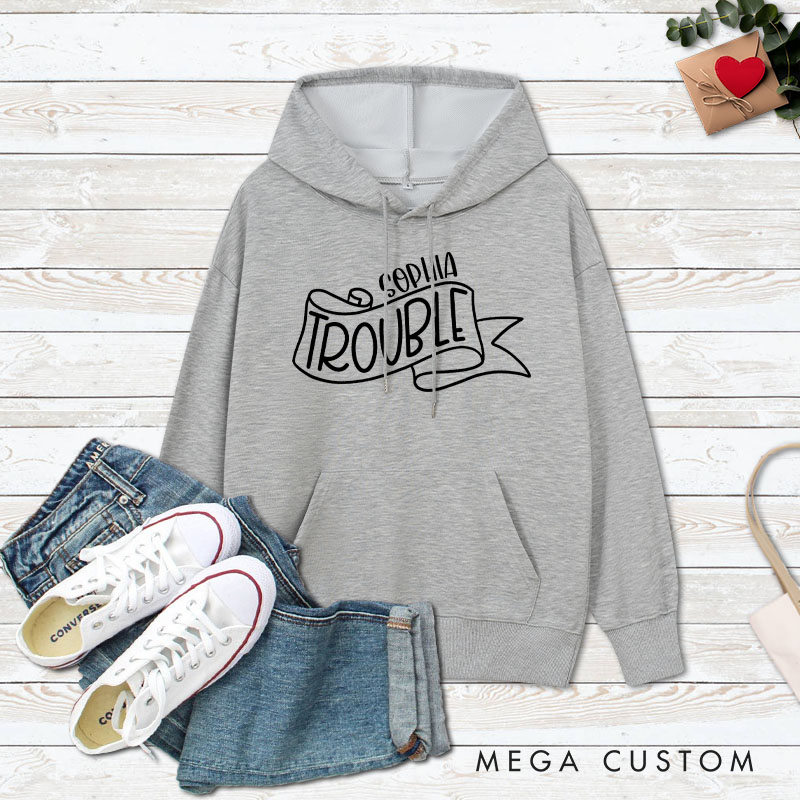 Personalized Couple Double and Trouble Valentine's Day Hoodie with Name Couple Sweatshirt for Boyfriend Girlfriend Husband Wife
