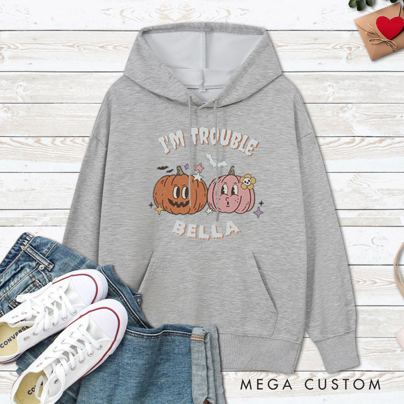 Personalized Where I Go Trouble Follows & I'm Trouble Pumpkin Halloween Couple Hoodie