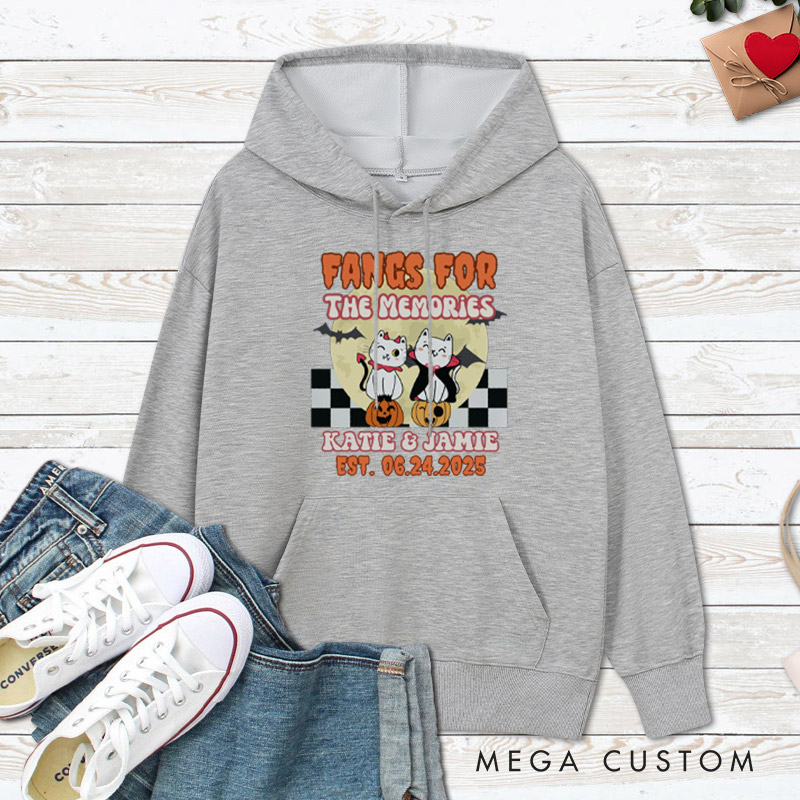 Personalized Love at First Bite and Fangs for the Memories Cat Couple Halloween Couple Hoodie