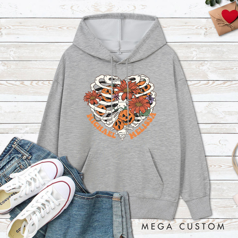 Personalized Floral Skeleton Ribcage with Pumpkins Halloween Couple Hoodie