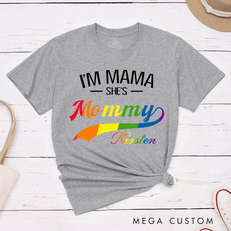 Personalized I'm Mommy She's Mama" LGBTQ+ Couple T-Shirts Lesbian Matching Shirt for Women Pride Shirt for Her