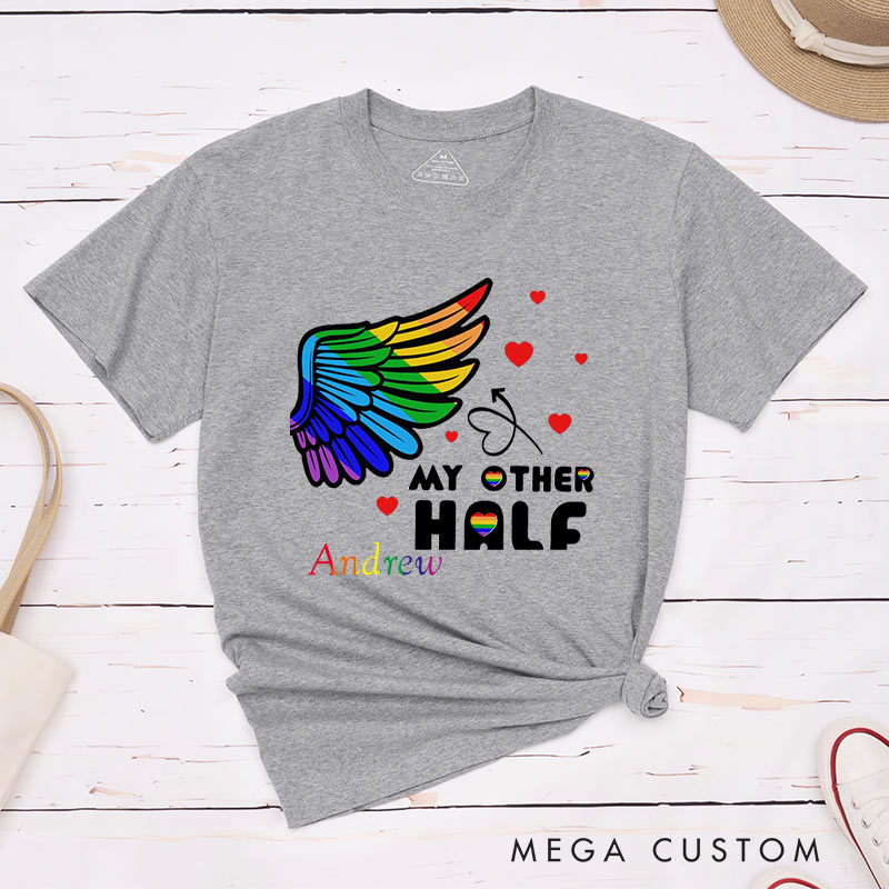 Personalized My Other Half Rainbow Wings Couple T-Shirts LGBTQ Matching Shirts for her him Pride Lesbian Gay Couple Tees