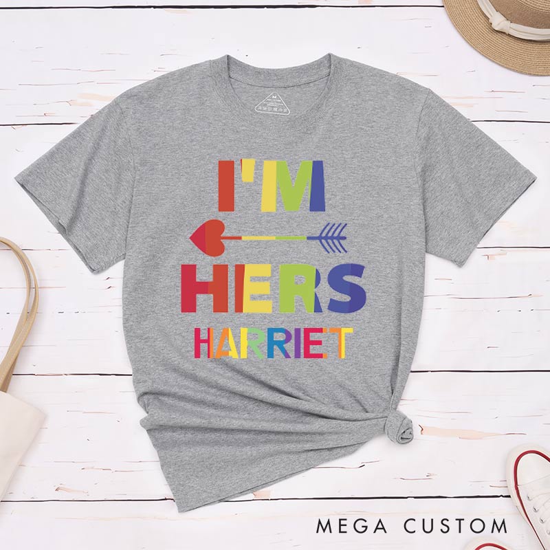 Personalized She's Mine I'm Hers LGBTQ Rainbow Love T-Shirts Lesbian Matching Shirts for Her Pride Couple Tee