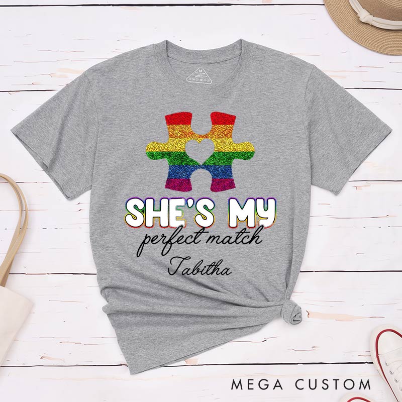 Personalized She's My Perfect Match Puzzle Piece Pride T-Shirts LGBTQ Lesbian Matching Couple Shirt Lesbian Wife Girlfriend Tees