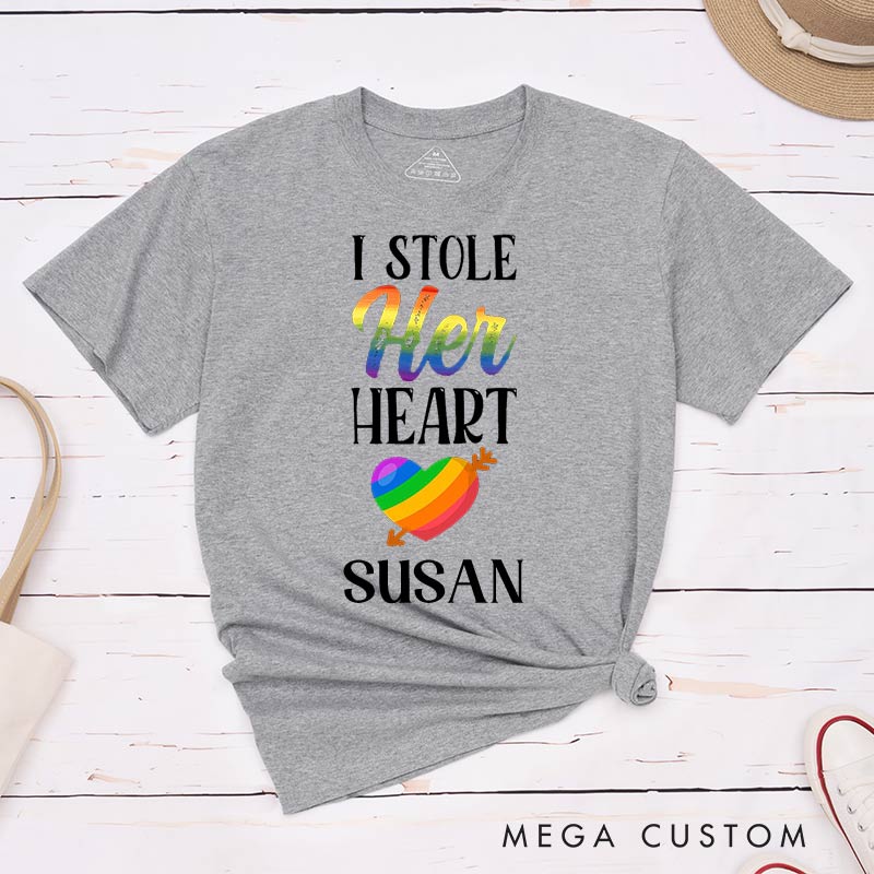 Personalized I Stole Her Heart I'm Stealing Her Last Name Pride Couple T-Shirts LGBTQ Lesbian Matching Couple Shirt