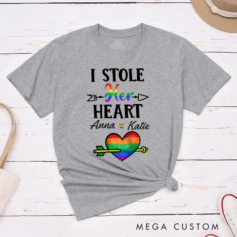 Personalized I Stole Her Heart I'm Stealing Her Last Name Pride Couple T-Shirts LGBTQ Lesbian Matching Couple Shirt Lesbian Wife Tee