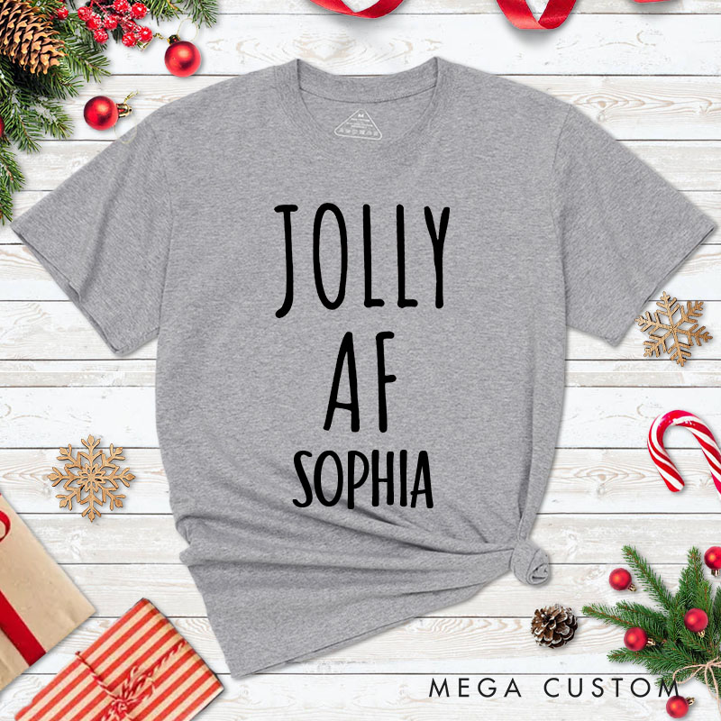 Personalized Couple Merry AF and Jolly AF Matching Christmas T-Shirt with Name Couple Xmas T-Shirt for Husband Wife Boyfriend Girlfriend