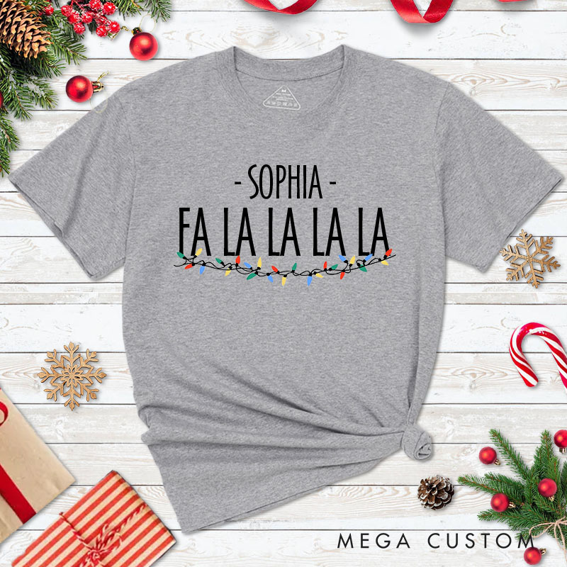 Personalized Couple La La La La La with String Lights Christmas Matching T-Shirt Couple Xmas T-Shirt for Husband Wife Boyfriend Girlfriend
