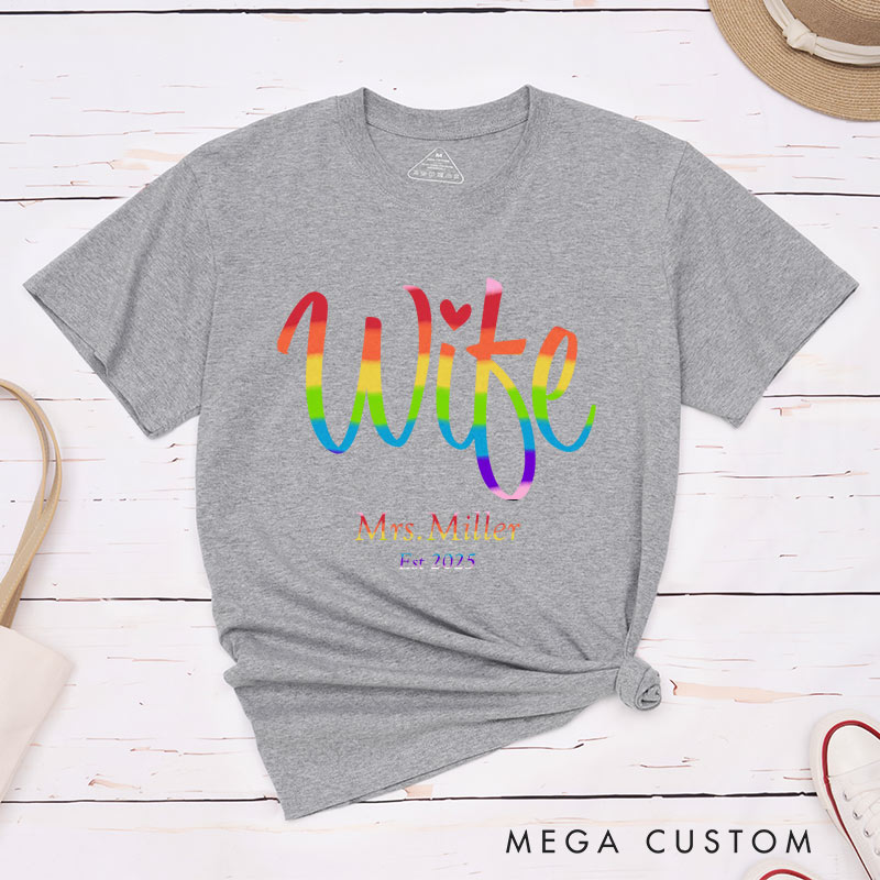 Personalized Wifey and Wife Rainbow Couple T-Shirts LGBTQA+ Lesbian Couple Shirt for Her Pride Lesbian Matching Tee