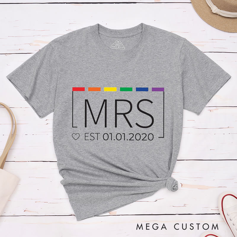Personalized Mrs and Mrs Rainbow Couple t-Shirts LGBTQ Couple Matching Shirt for Her Lesbian Anniversary Tee
