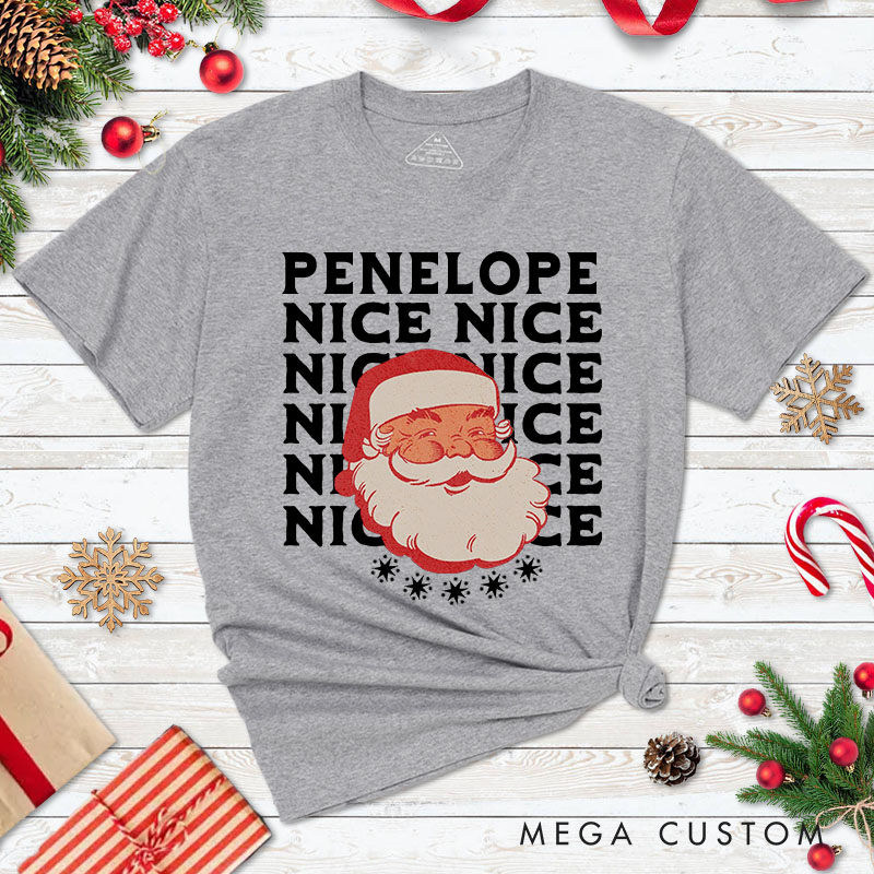 Personalized Couple Retro Naughty and Nice with Santa Christmas T-Shirt Couple Xmas Matching T-Shirt for Husband Wife Boyfriend Girlfriend