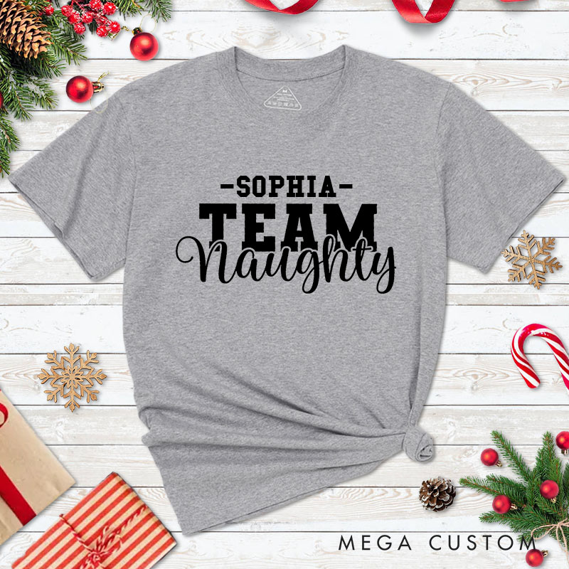 Personalized Couple Team Nice and Team Naughty Christmas T-Shirt with Name Couple Xmas Matching T-Shirt for Husband Wife Boyfriend Girlfriend