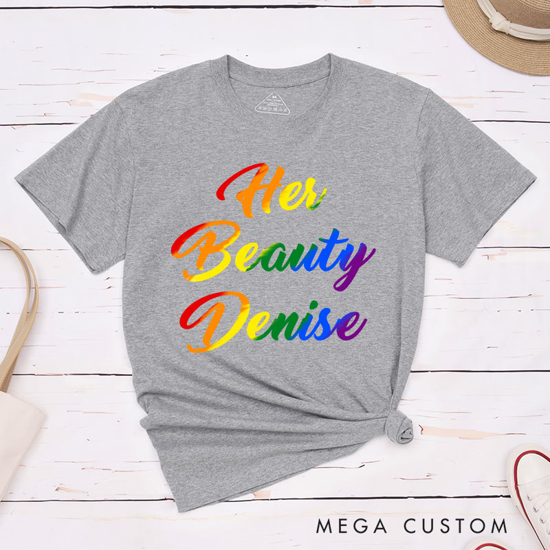 Personalized Her Beauty Her Beast Rainbow Couple T-Shirts LGBTQA+ Lesbian Matching Shirt LGBTQ Couple Matching Tee for Women