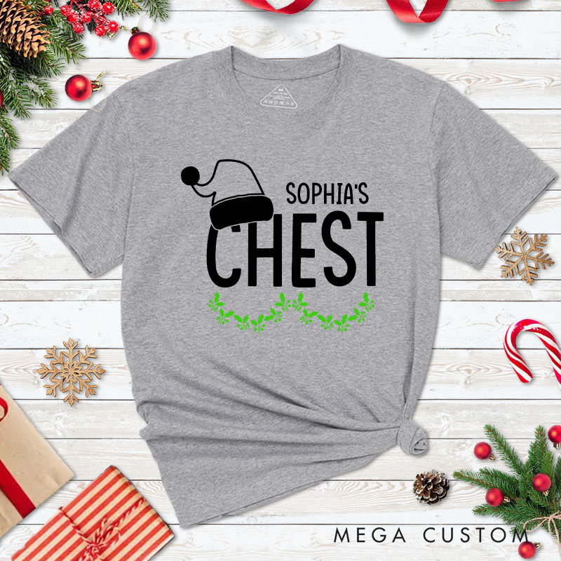 Personalized Couple Funny Nuts and Chest Christmas Matching T-Shirt Couple Xmas Santa Hats T-Shirt for Husband Wife Boyfriend Girlfriend