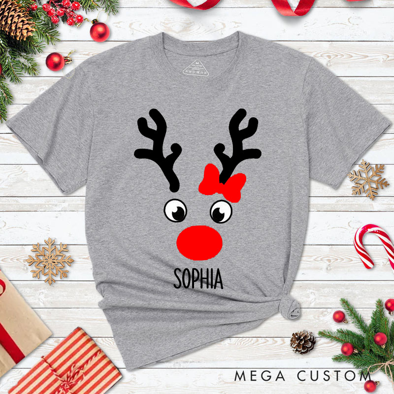 Personalized Couple Cute Reindeer Faces with Antler Christmas Matching T-Shirt Couple Xmas T-Shirt for Husband Wife Boyfriend Girlfriend