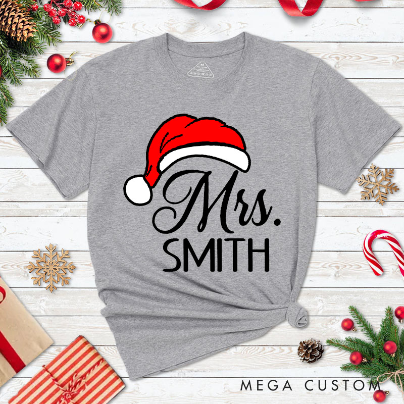 Personalized Couple Mr. and Mrs. with Santa Hat Christmas Matching T-Shirt Couple Xmas T-Shirt for Husband Wife Boyfriend Girlfriend Tee Tops