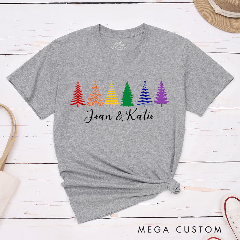 Personalized Rainbow Christmas Trees Couple T-Shirts LGBTQA+ Couple Matching Shirt Christmas Lesbian Gay Couple Shirt